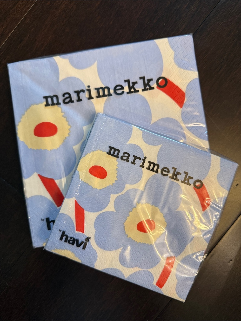 Marimekko Blue Unikko Paper Napkins with Red and Cream Accents